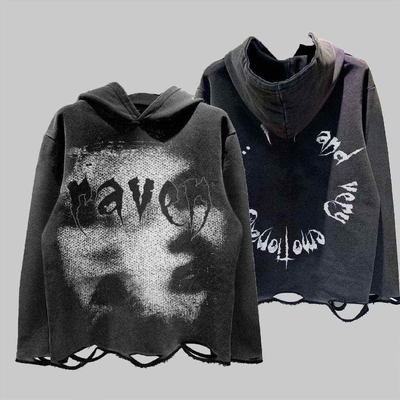 কেনা Dtg পুলওভার হুডি অ্যাসিড ওয়াশ হতাশ ছিঁড়ে Raw Hem Crop Hoodie পুরুষ Needle Detection Fabric 500grams online manufacture