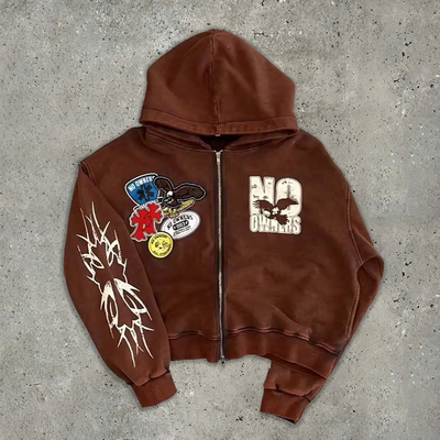 কেনা ফরাসি টেরি অ্যাসিড ওয়াশ জিপ মাধ্যমে hoodie ফসল শীর্ষ Hoodie ডাবল ওয়ে জিপ pullover প্যাচ 3d online manufacture