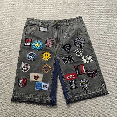 কেনা Custom Embroidery Patches Logo Baggy Jorts Streetwear High Quality Raw Hem Vintage Denim Jean Shorts for Men online manufacture
