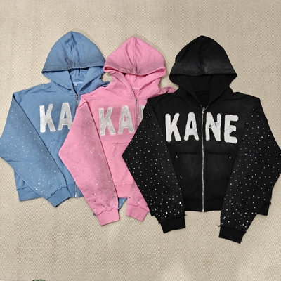 কেনা Custom 2025 New Dirty Washed Mens hoodies Y2k Streetwear Vintage Distressed Applique Embroidery Rhinestone Zip up Hoodie online manufacture