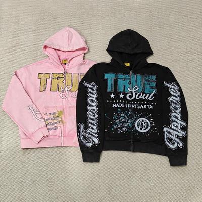 কেনা Custom DTG Screen Printing Boxy Heavyweight Zipper Jackets Cotton Distressed Rhinestone Zip up Men Hoodie online manufacture