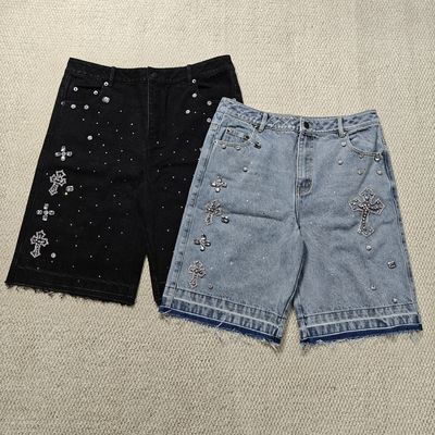 কেনা Clothing Manufacturers Custom Streetwear Rhinestone Vintage Black Jeans Shorts Rhinestone Denim Shorts Jorts for Men online manufacture