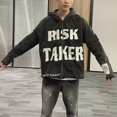 ভিনটেজ অ্যাসিড ওয়াশ জিপ আপ বিপদে সূচিকর্ম প্যাচ কাটা কাটা Eege কাঁচা হেম Hoodie