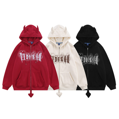 8oz 12oz zipped hooded sweatshirt Devil Horn Printed Fleece Blank Unisex Couple Men Oversized Full Zip Up Sweater