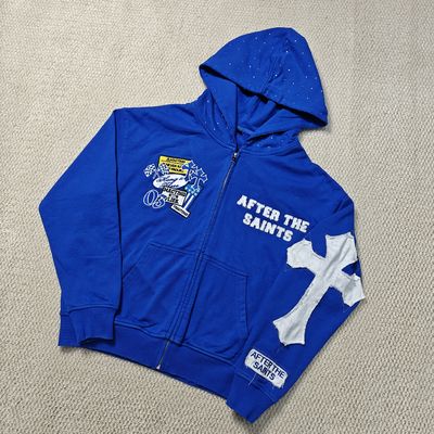 কাস্টম স্ট্রিটওয়্যার পুরুষ ভারী ওজন 420 জিএসএম হতাশ সূচিকর্ম ফরাসি টেরি রাইনস্টোন হুড জিপ আপ হুডি